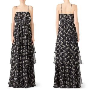 Jill Jill Stuart Sleeveless Spaghetti Strap Black Floral Kiera Ruffle Gown. 6.